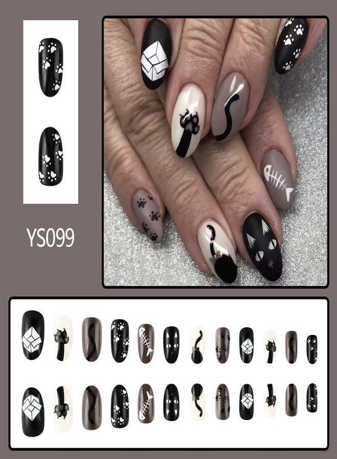 TOGZOM Halloween Press on Nails Short Oval Fake Nails Balck Cat Acrylic Nails with Designs Stray Cat Glue on Nails Short Almond False Nails Stick on Nails for Women Nails Deco 24Pcs - Image 4